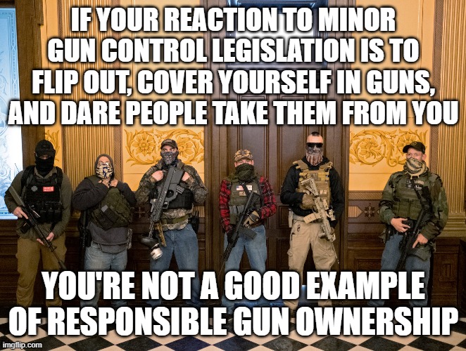 IF YOUR REACTION TO MINOR GUN CONTROL LEGISLATION IS TO FLIP OUT, COVER YOURSELF IN GUNS, AND DARE PEOPLE TAKE THEM FROM YOU; YOU'RE NOT A GOOD EXAMPLE OF RESPONSIBLE GUN OWNERSHIP | made w/ Imgflip meme maker