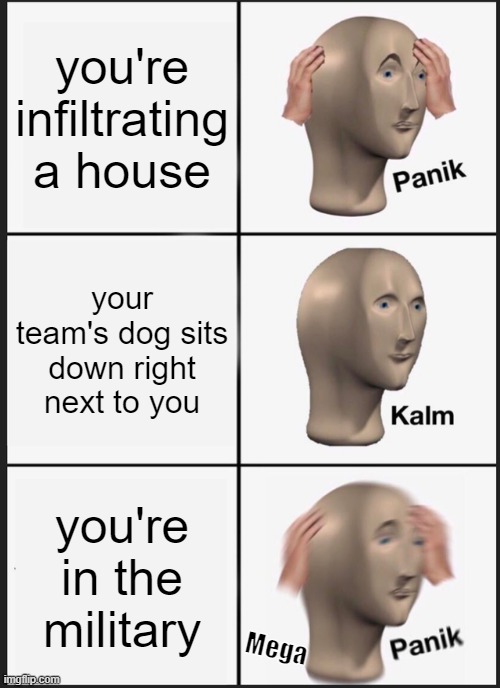 those dogs are supposed to sit when when they smell a bomb | you're infiltrating a house; your team's dog sits down right next to you; you're in the military; Mega | image tagged in memes,panik kalm panik | made w/ Imgflip meme maker