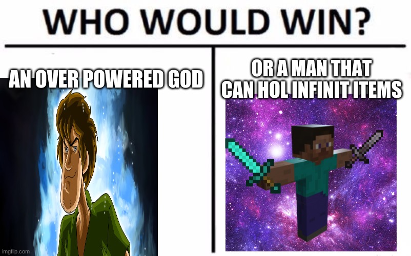 the powerful ngods | AN OVER POWERED GOD; OR A MAN THAT CAN HOL INFINIT ITEMS | image tagged in memes,who would win | made w/ Imgflip meme maker
