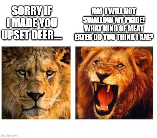 Do lions swallow their pride? | NO!  I WILL NOT SWALLOW MY PRIDE!
WHAT KIND OF MEAT EATER DO YOU THINK I AM? SORRY IF I MADE YOU UPSET DEER.... | image tagged in swallow your pride,lions,lion vs deer,pride of lions,the lion wins | made w/ Imgflip meme maker