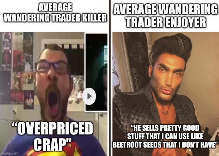 They might be useful | AVERAGE WANDERING TRADER ENJOYER; AVERAGE WANDERING TRADER KILLER; “HE SELLS PRETTY GOOD STUFF THAT I CAN USE LIKE BEETROOT SEEDS THAT I DON’T HAVE”; “OVERPRICED CRAP” | image tagged in average fan vs average enjoyer | made w/ Imgflip meme maker