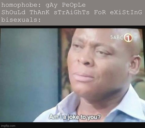 Am I a joke to you? | homophobe: gAy PeOpLe ShOuLd ThAnK sTrAiGhTs FoR eXiStInG
bisexuals: | image tagged in am i a joke to you | made w/ Imgflip meme maker