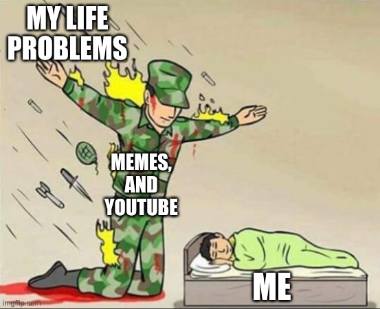 Me | MY LIFE PROBLEMS; MEMES, AND YOUTUBE; ME | image tagged in soldier protecting sleeping child | made w/ Imgflip meme maker