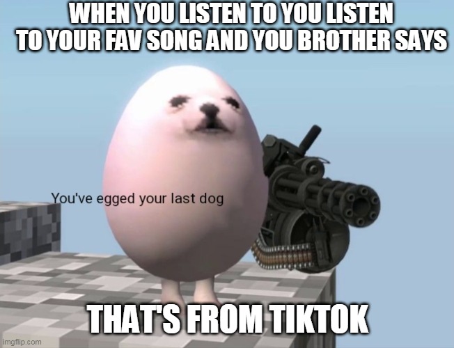 You've Egged Your Last Dog | WHEN YOU LISTEN TO YOU LISTEN TO YOUR FAV SONG AND YOU BROTHER SAYS; THAT'S FROM TIKTOK | image tagged in you've egged your last dog | made w/ Imgflip meme maker