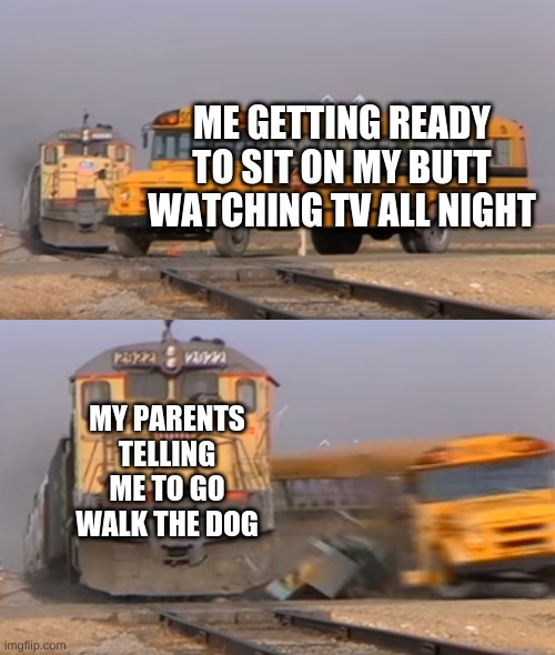 Doggo | ME GETTING READY TO SIT ON MY BUTT WATCHING TV ALL NIGHT; MY PARENTS TELLING ME TO GO WALK THE DOG | image tagged in a train hitting a school bus | made w/ Imgflip meme maker