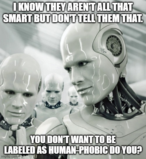 Robot concern and avoidance |  I KNOW THEY AREN'T ALL THAT SMART BUT DON'T TELL THEM THAT. YOU DON'T WANT TO BE LABELED AS HUMAN-PHOBIC DO YOU? | image tagged in robots,human-phobic,don't tell them,not smart,dumb,triggered response | made w/ Imgflip meme maker