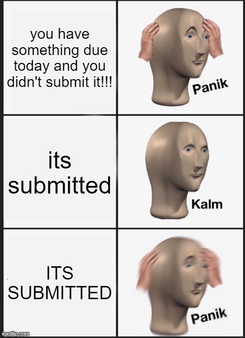 HOL' UP DAWG | you have something due today and you didn't submit it!!! its submitted; ITS SUBMITTED | image tagged in memes,panik kalm panik | made w/ Imgflip meme maker