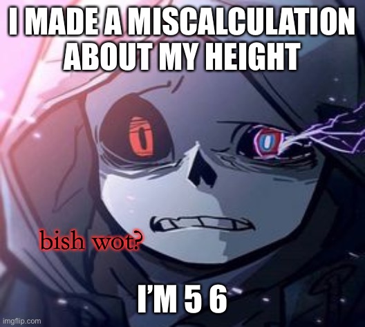 still short compared to the rest of you | I MADE A MISCALCULATION ABOUT MY HEIGHT; I’M 5 6 | image tagged in dust sans bish wot | made w/ Imgflip meme maker