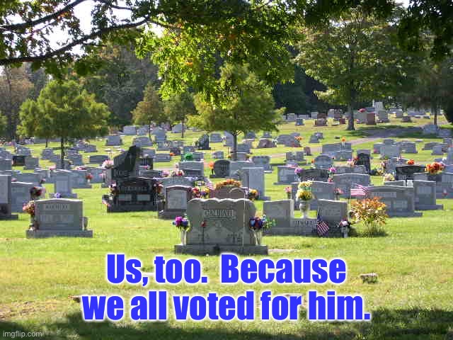 cemetery | Us, too.  Because we all voted for him. | image tagged in cemetery | made w/ Imgflip meme maker