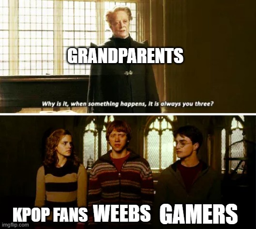 :) |  GRANDPARENTS; GAMERS; KPOP FANS; WEEBS | image tagged in why is it when something happens it is always you three | made w/ Imgflip meme maker