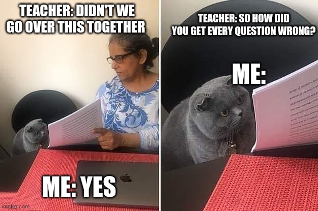 This is just relational | TEACHER: SO HOW DID YOU GET EVERY QUESTION WRONG? TEACHER: DIDN'T WE GO OVER THIS TOGETHER; ME:; ME: YES | image tagged in woman showing paper to cat,fun,funny,funny meme,cat memes,lol | made w/ Imgflip meme maker