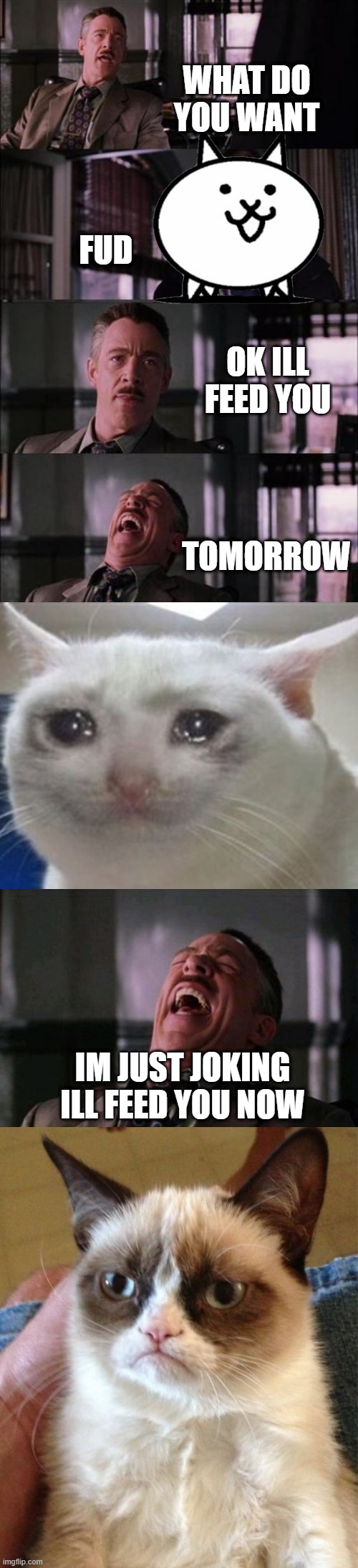 caaat | WHAT DO YOU WANT; FUD; OK ILL FEED YOU; TOMORROW; IM JUST JOKING ILL FEED YOU NOW | image tagged in memes,peter parker cry,spider man boss,grumpy cat | made w/ Imgflip meme maker
