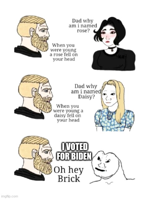 dad why am I named | I VOTED FOR BIDEN | image tagged in dad why am i named | made w/ Imgflip meme maker