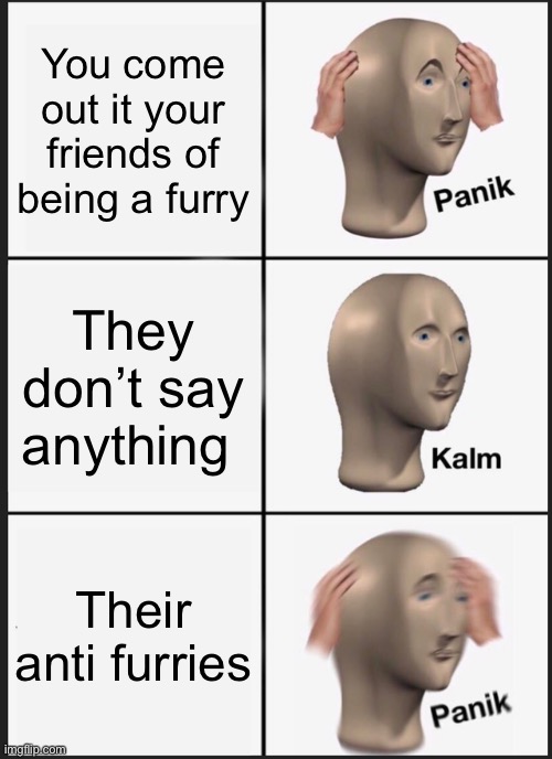 This happened to me tho | You come out it your friends of being a furry; They don’t say anything; Their anti furries | image tagged in memes,panik kalm panik | made w/ Imgflip meme maker