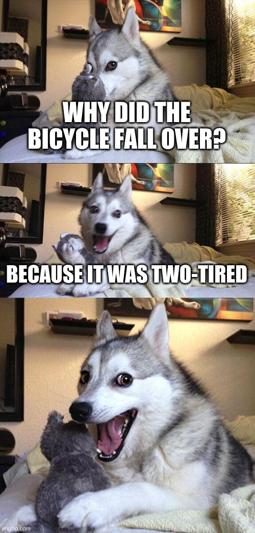 two-tired | WHY DID THE BICYCLE FALL OVER? BECAUSE IT WAS TWO-TIRED | image tagged in memes,bad pun dog,bicycle,wow funny | made w/ Imgflip meme maker