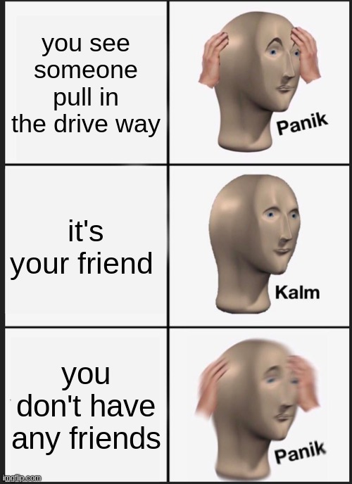 Panik Kalm Panik Meme | you see someone pull in the drive way; it's your friend; you don't have any friends | image tagged in memes,panik kalm panik | made w/ Imgflip meme maker