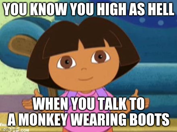 Dilemma Dora | YOU KNOW YOU HIGH AS HELL; WHEN YOU TALK TO A MONKEY WEARING BOOTS | image tagged in dilemma dora | made w/ Imgflip meme maker