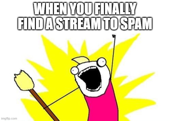 X All The Y |  WHEN YOU FINALLY FIND A STREAM TO SPAM | image tagged in memes,x all the y | made w/ Imgflip meme maker