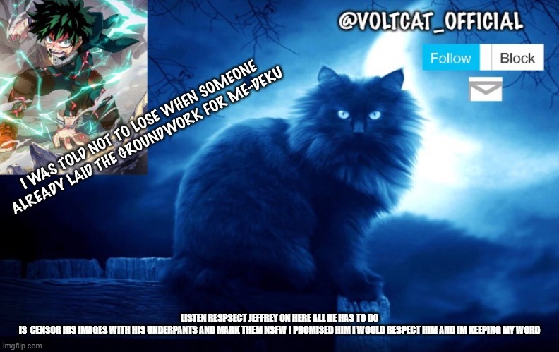 Voltcat's new template made by Oof_Calling | LISTEN RESPSECT JEFFREY ON HERE ALL HE HAS TO DO IS  CENSOR HIS IMAGES WITH HIS UNDERPANTS AND MARK THEM NSFW I PROMISED HIM I WOULD RESPECT HIM AND IM KEEPING MY WORD | image tagged in voltcat's new template made by oof_calling | made w/ Imgflip meme maker