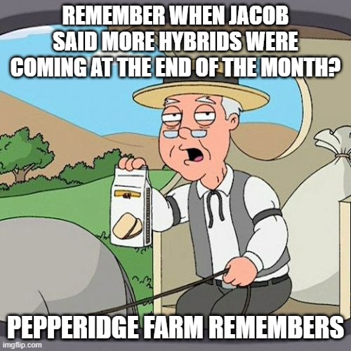 Pepperidge Farm Remembers Meme | REMEMBER WHEN JACOB SAID MORE HYBRIDS WERE COMING AT THE END OF THE MONTH? PEPPERIDGE FARM REMEMBERS | image tagged in memes,pepperidge farm remembers | made w/ Imgflip meme maker