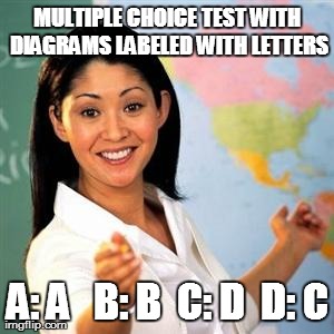 scumbag teacher | MULTIPLE CHOICE TEST WITH DIAGRAMS LABELED WITH LETTERS A: A   B: B  C: D  D: C | image tagged in scumbag teacher,AdviceAnimals | made w/ Imgflip meme maker