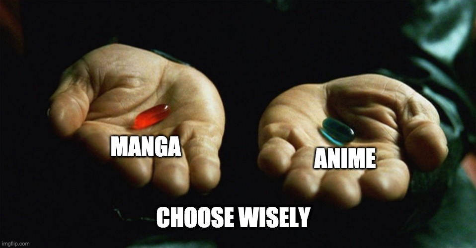 Red pill blue pill | MANGA; ANIME; CHOOSE WISELY | image tagged in red pill blue pill | made w/ Imgflip meme maker