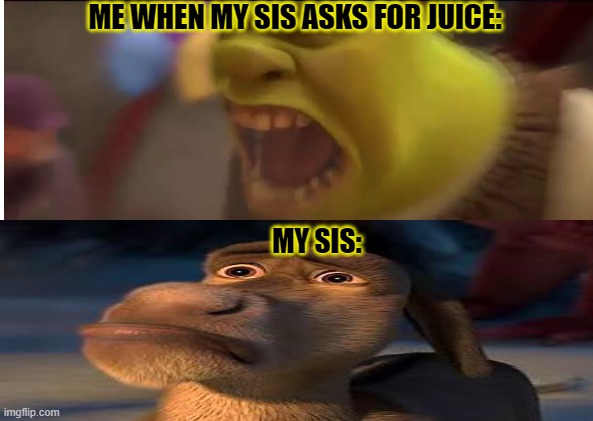 No Juice | ME WHEN MY SIS ASKS FOR JUICE:; MY SIS: | image tagged in shrek | made w/ Imgflip meme maker