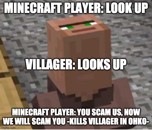 Minecraft Villager Looking Up | MINECRAFT PLAYER: LOOK UP MINECRAFT PLAYER: YOU SCAM US, NOW WE WILL SCAM YOU -KILLS VILLAGER IN OHKO- VILLAGER: LOOKS UP | image tagged in minecraft villager looking up | made w/ Imgflip meme maker
