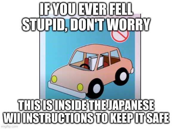 Bruh momment | IF YOU EVER FELL STUPID, DON'T WORRY; THIS IS INSIDE THE JAPANESE WII INSTRUCTIONS TO KEEP IT SAFE | image tagged in wii,blank white template,fun | made w/ Imgflip meme maker