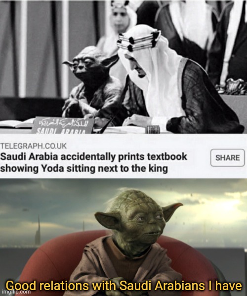 Lol | Good relations with Saudi Arabians I have | image tagged in yoda good relations,funny,star wars yoda,saudi arabia,books | made w/ Imgflip meme maker