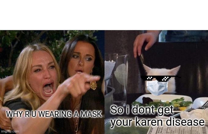 Woman Yelling At Cat Meme | WHY R U WEARING A MASK; So i dont get your karen disease | image tagged in memes,woman yelling at cat | made w/ Imgflip meme maker