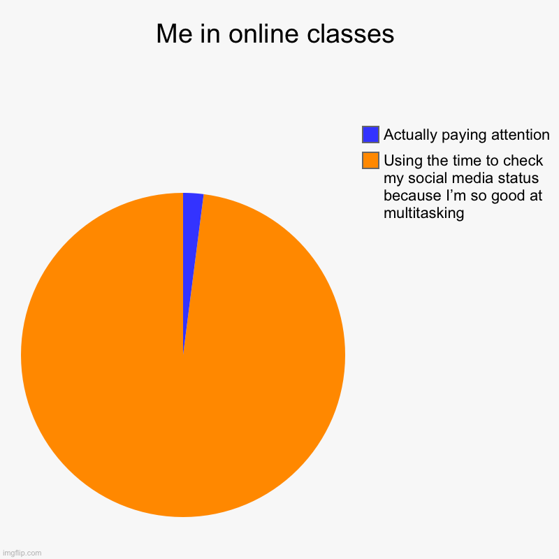 Me in online classes | Using the time to check my social media status because I’m so good at multitasking , Actually paying attention | image tagged in charts,pie charts | made w/ Imgflip chart maker