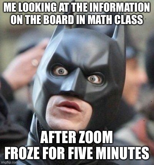 LOL | ME LOOKING AT THE INFORMATION ON THE BOARD IN MATH CLASS; AFTER ZOOM FROZE FOR FIVE MINUTES | image tagged in shocked batman,school,funny,zoom,true | made w/ Imgflip meme maker