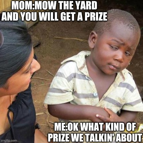 Third World Skeptical Kid | MOM:MOW THE YARD AND YOU WILL GET A PRIZE; ME:OK WHAT KIND OF PRIZE WE TALKIN' ABOUT | image tagged in memes,third world skeptical kid | made w/ Imgflip meme maker