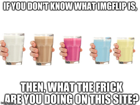 Whatchu doin'? | IF YOU DON'T KNOW WHAT IMGFLIP IS, THEN, WHAT THE FRICK ARE YOU DOING ON THIS SITE? | image tagged in blank white template,memes,milk | made w/ Imgflip meme maker