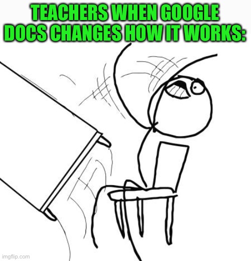 Students can get mad at this too. | TEACHERS WHEN GOOGLE DOCS CHANGES HOW IT WORKS: | image tagged in table flip guy,funny,teachers,google docs,so true memes | made w/ Imgflip meme maker