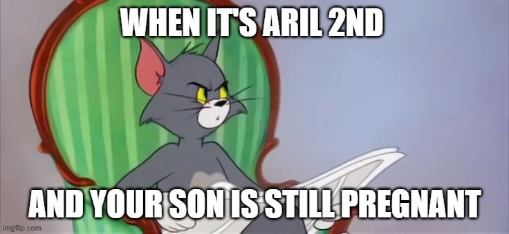 I hope this isn't a repost | WHEN IT'S ARIL 2ND; AND YOUR SON IS STILL PREGNANT | image tagged in tom cat reading a newspaper | made w/ Imgflip meme maker