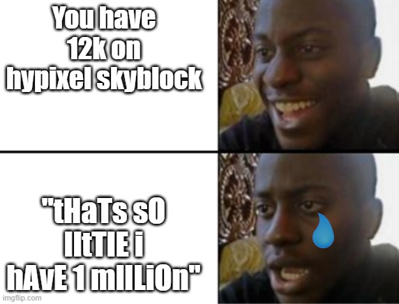 I'm proud of my 12k! | You have 12k on hypixel skyblock; "tHaTs sO lItTlE i hAvE 1 mIlLiOn" | image tagged in oh yeah oh no | made w/ Imgflip meme maker