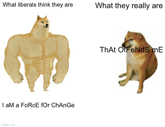 Buff Doge vs. Cheems | What liberals think they are; What they really are; ThAt OfFeNdS mE; I aM a FoRcE fOr ChAnGe | image tagged in memes,buff doge vs cheems | made w/ Imgflip meme maker