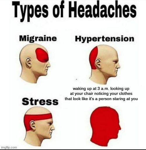help | waking up at 3 a.m. looking up at your chair noticing your clothes that look like it's a person staring at you | image tagged in types of headaches meme | made w/ Imgflip meme maker