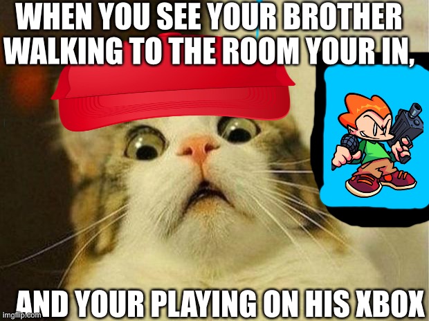Scared Cat | WHEN YOU SEE YOUR BROTHER WALKING TO THE ROOM YOUR IN, AND YOUR PLAYING ON HIS XBOX | image tagged in memes,scared cat | made w/ Imgflip meme maker