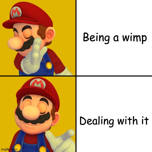 Deal With It, Dont Be A Wimp | Being a wimp; Dealing with it | image tagged in mario/drake template,deal with it,dont be a wimp | made w/ Imgflip meme maker