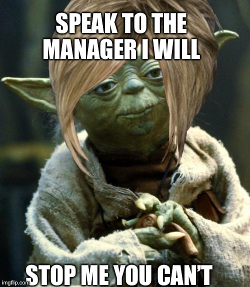 Karen Yoda | SPEAK TO THE MANAGER I WILL; STOP ME YOU CAN’T | image tagged in star wars yoda,omg karen | made w/ Imgflip meme maker
