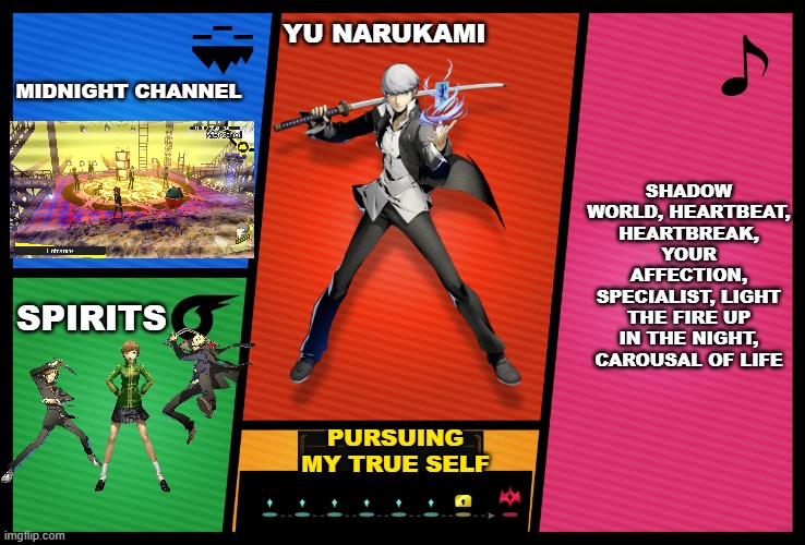 Smash Ultimate DLC fighter profile | YU NARUKAMI; MIDNIGHT CHANNEL; SHADOW WORLD, HEARTBEAT, HEARTBREAK, YOUR AFFECTION, SPECIALIST, LIGHT THE FIRE UP IN THE NIGHT, CAROUSAL OF LIFE; SPIRITS; PURSUING MY TRUE SELF | image tagged in smash ultimate dlc fighter profile | made w/ Imgflip meme maker
