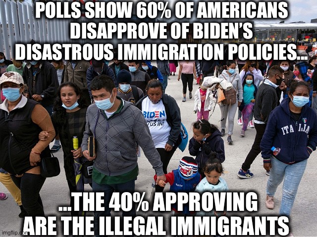 POLLS SHOW 60% OF AMERICANS DISAPPROVE OF BIDEN’S DISASTROUS IMMIGRATION POLICIES... ...THE 40% APPROVING ARE THE ILLEGAL IMMIGRANTS | image tagged in joe biden,illegal immigration,illegal aliens,memes,democrats | made w/ Imgflip meme maker