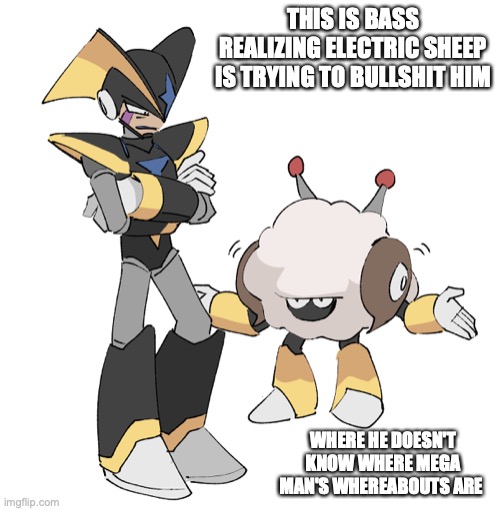 Bass and Electric Sheep | THIS IS BASS REALIZING ELECTRIC SHEEP IS TRYING TO BULLSHIT HIM; WHERE HE DOESN'T KNOW WHERE MEGA MAN'S WHEREABOUTS ARE | image tagged in megaman,bass,memes | made w/ Imgflip meme maker
