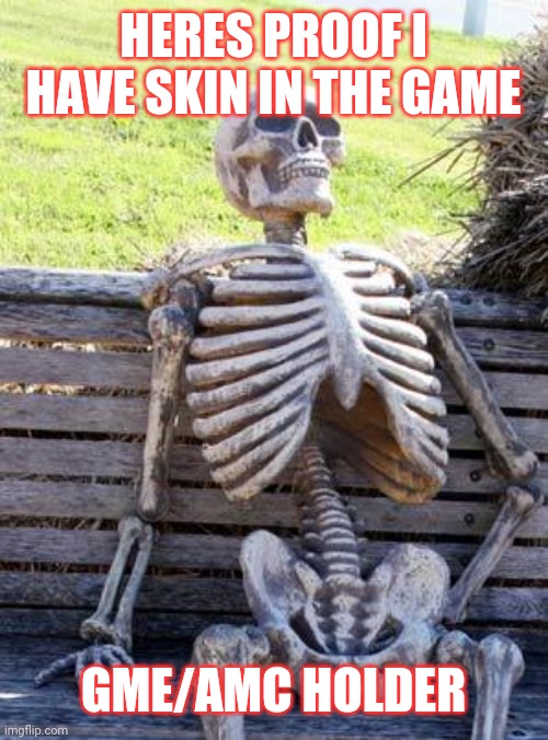 Waiting Skeleton | HERES PROOF I HAVE SKIN IN THE GAME; GME/AMC HOLDER | image tagged in memes,waiting skeleton | made w/ Imgflip meme maker