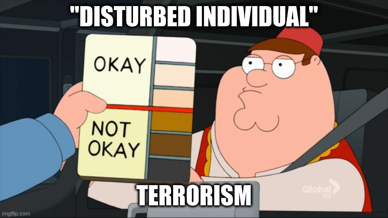 peter griffin color chart | "DISTURBED INDIVIDUAL"; TERRORISM | image tagged in peter griffin color chart | made w/ Imgflip meme maker