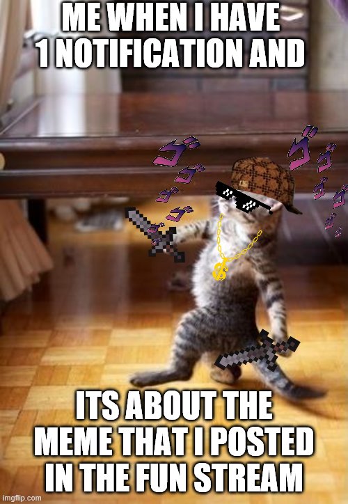 Cool Cat Stroll Meme | ME WHEN I HAVE 1 NOTIFICATION AND; ITS ABOUT THE MEME THAT I POSTED IN THE FUN STREAM | image tagged in memes,cool cat stroll | made w/ Imgflip meme maker