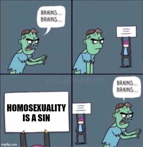 Brains | HOMOSEXUALITY IS A SIN | image tagged in brains brains,lgbt,zombies | made w/ Imgflip meme maker